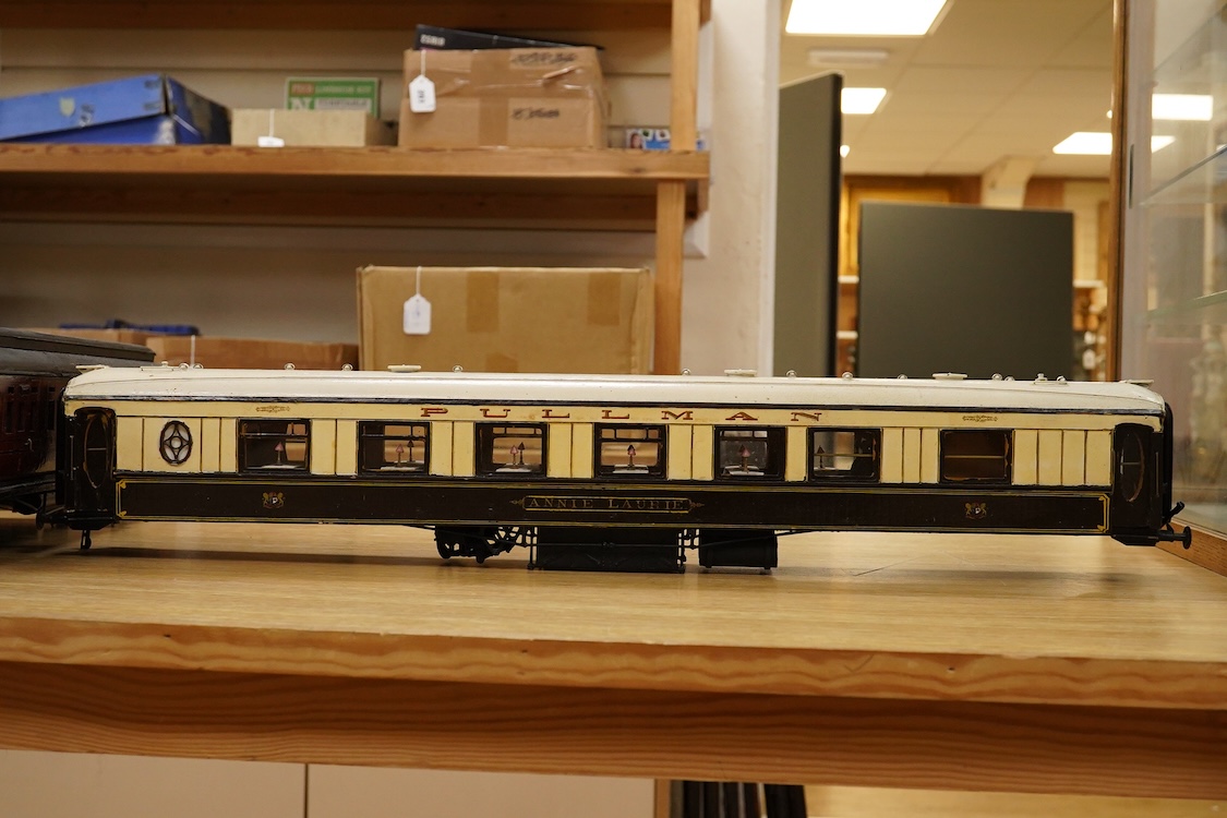 Two Gauge One bogie coaches; a Midland Railway clerestory coach, together with a 12-wheel Pullman car (bogies af), plus an American outline caboose, some scratch building and adaptation from kits, etc.